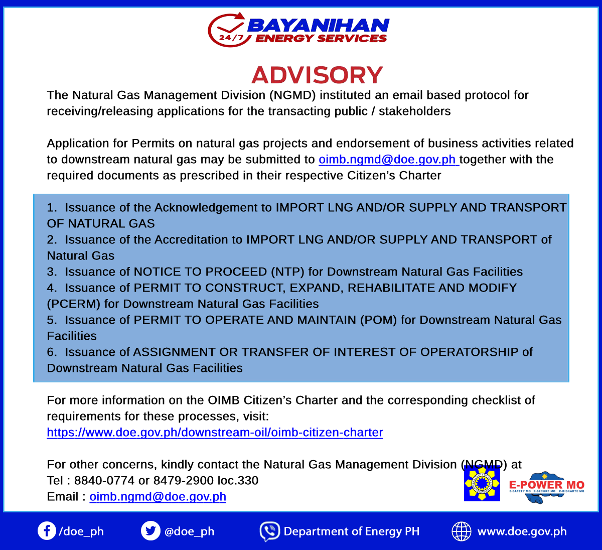 24/7 Bayanihan Energy Services Advisory for NGMD