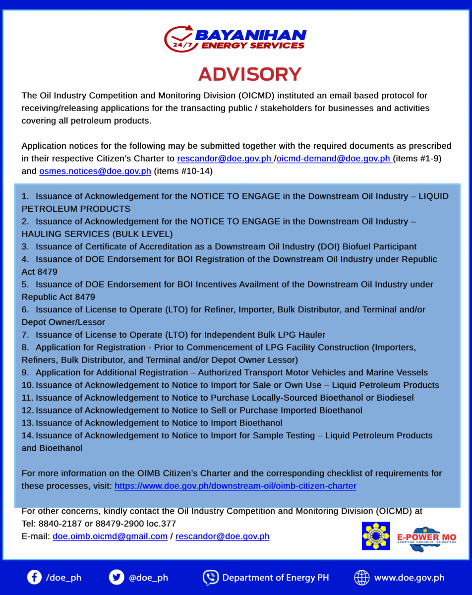 24/7 Bayanihan Energy Services Advisory for OICMD