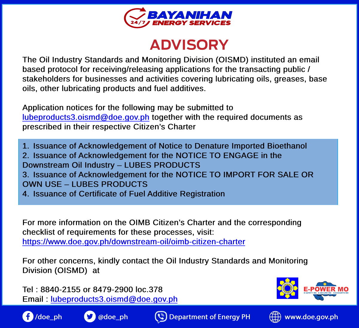 24/7 Bayanihan Energy Services Advisory for OISMD