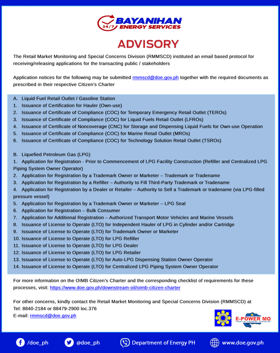 24/7 Bayanihan Energy Services Advisory for RMMSCD